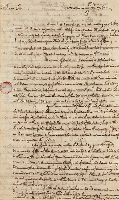 Letter from Azor Orne to Elbridge Gerry, 22 May 1776 Manuscript