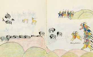 Native Americans hunting buffalo Ink, watercolor, colored pencil on wove paper,