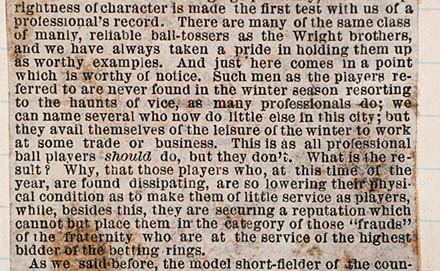 detail of newspaper clipping from 1872 baseball season scrapbook