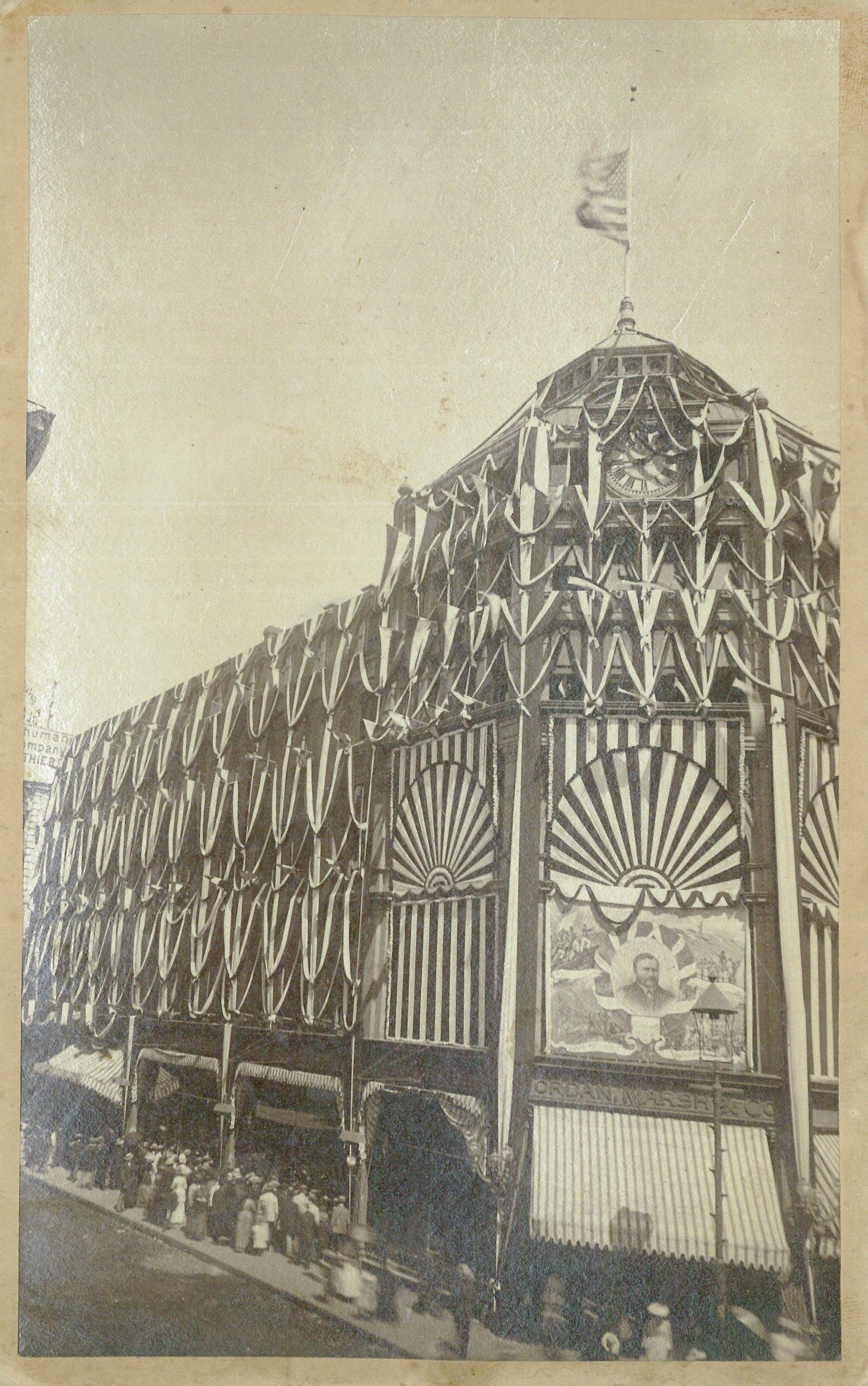 Jordan Marsh Building in Funeral Bunting after death of U.S. Grant, 1885