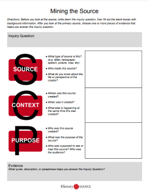 worksheet titled "Mining the Source" featuring an empty box for an inquiry question and a table with row headers titled "source," context," and "purpose"