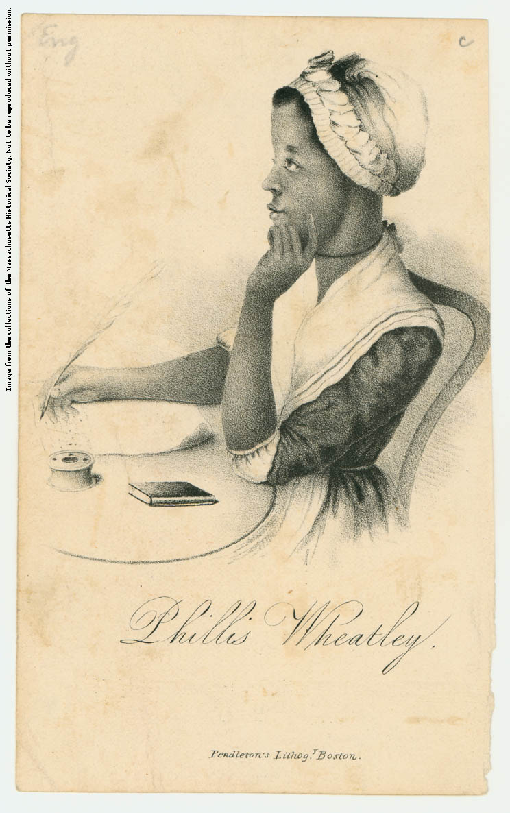 engraving of the profile of a young, Black woman seated at a table with a pen in her hand. Below is the signature "Phillis Wheatley"