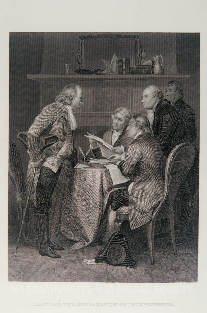 Five men crowd around papers on a dining table that sits in front of a fireplace in a black-and-white engraving captioned "drafting the Declaration of Independence"